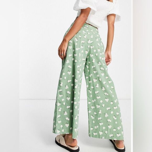 Mango Linen Blend Floral Pants Green New - Picture 4 of 6